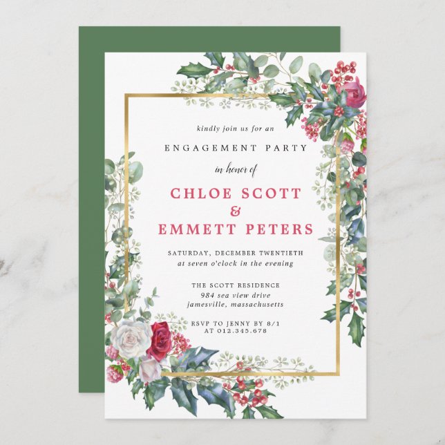 Rustic Holly Berries Winter Engagement Party Invitation (Front/Back)