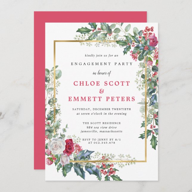 Rustic Holly Berries Winter Engagement Party Invitation (Front/Back)