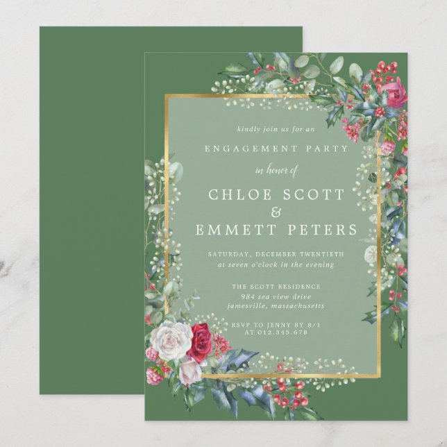 Rustic Holly Berries Winter Engagement Party Invitation (Front/Back)