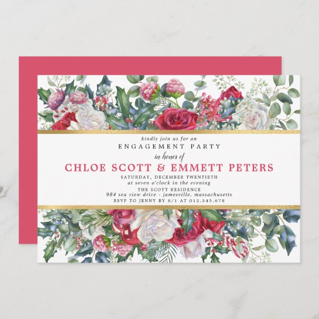 Rustic Holly Berries Winter Engagement Party Invitation (Front/Back)