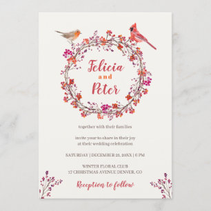 Rustic holly berry wreath birds Christmas wedding Invitation