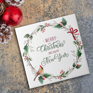Rustic Holly Berry Wreath with Bird Holiday Tile