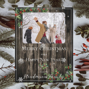 Rustic Holly Branches Flat Holiday Photo Card