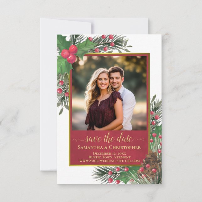 Rustic Holly & Pine with Photo Holiday Wedding Save The Date (Front)