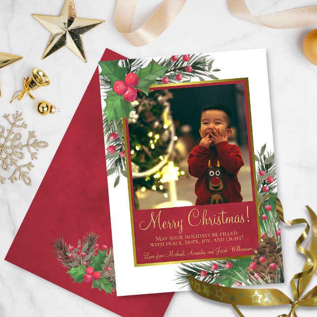 Rustic Holly & Pine with Photo Merry Christmas Holiday Card (In Situ Front/Back)