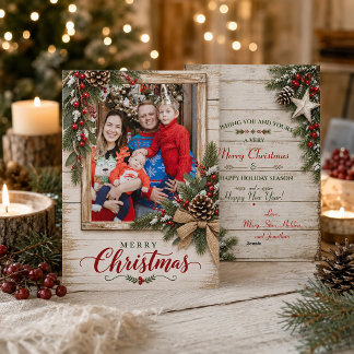 Rustic Holly Pinecones Red Berries Family Photo | Holiday Card