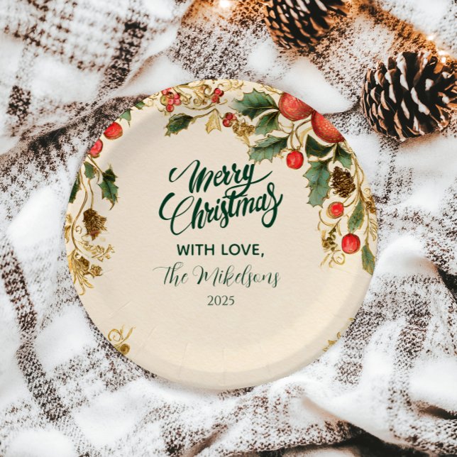 Rustic Holly Pomegranate Christmas Party Paper Plate (Creator Uploaded)