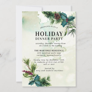 Rustic Holly Watercolor Holiday Dinner Party Invitation