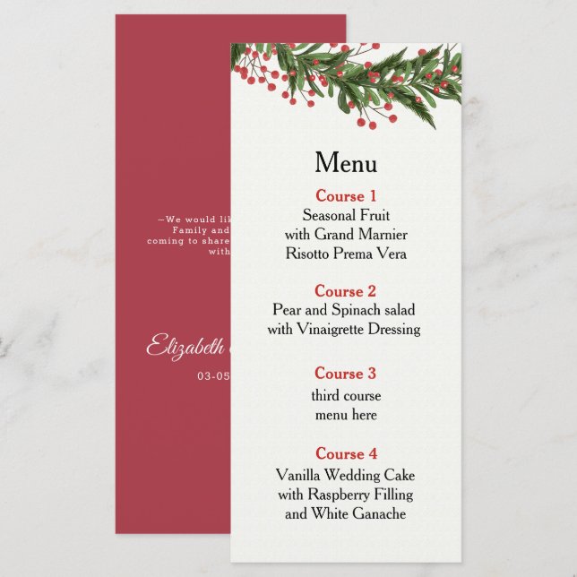 Rustic Holly Winter Christmas Wedding  Menu (Front/Back)