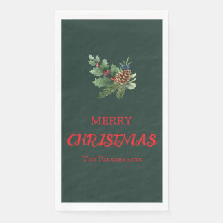 Rustic holly with red berries and pine cone napkin