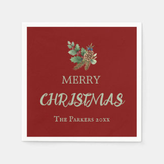 Rustic holly with red berries and pine cone napkin