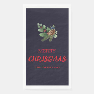 Rustic holly with red berries and pine cone napkin