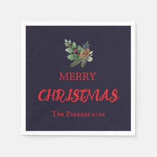 Rustic holly with red berries and pine cone napkin