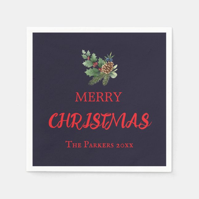Rustic holly with red berries and pine cone napkin (Front)