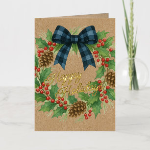 Rustic Holly Wreath Blue Black Checkered Bow Foil Holiday Card