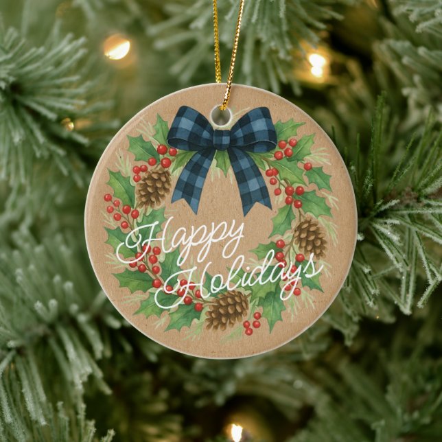 Rustic Holly Wreath Blue Black Chequered Bow Ceramic Tree Decoration (Tree)