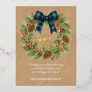Rustic Holly Wreath Blue Black Chequered Bow Foil Holiday Postcard