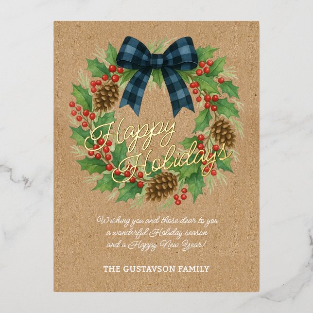 Rustic Holly Wreath Blue Black Chequered Bow Foil Holiday Postcard (Front)