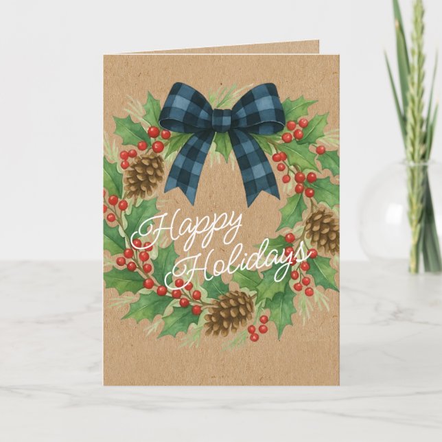 Rustic Holly Wreath Blue Black Chequered Bow Holiday Card (Front)