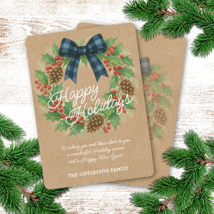 Rustic Holly Wreath Blue Black Chequered Bow Holiday Card