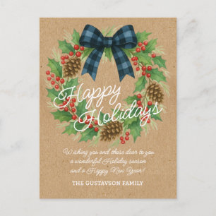 Rustic Holly Wreath Blue Black Chequered Bow Holiday Postcard