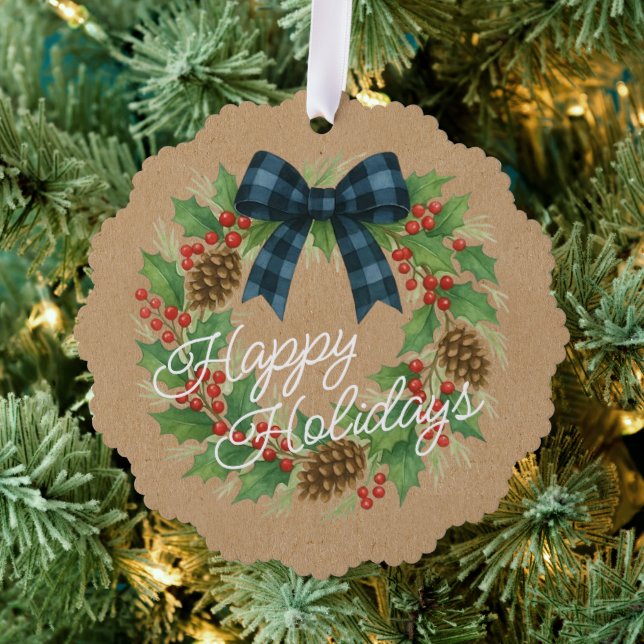 Rustic Holly Wreath Blue Black Chequered Bow Tree Decoration Card (Insitu (Tree))