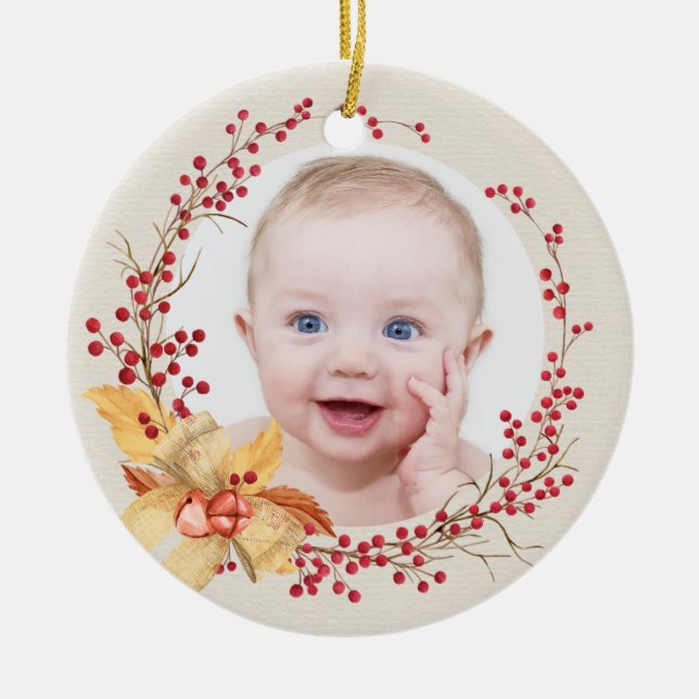 Rustic Holly Wreath Photo Baby's First Christmas Ceramic Tree Decoration (Front)