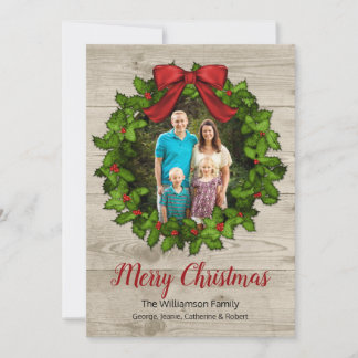 Rustic Holly Wreath Photo Card