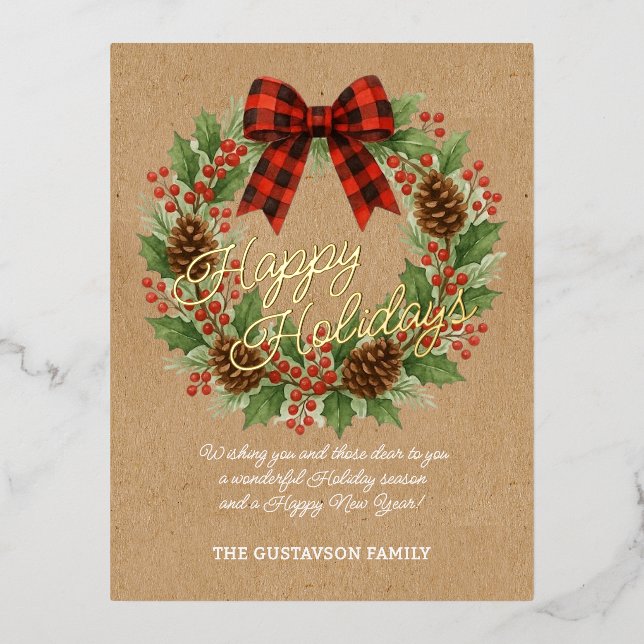 Rustic Holly Wreath Red Black Chequered Bow Gold Foil Holiday Postcard (Front)
