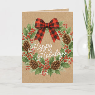 Rustic Holly Wreath Red Black Chequered Bow Holiday Card