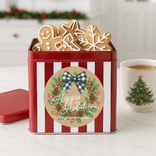 Rustic Holly Wreath White Black Checkered Bow Classic Round Sticker