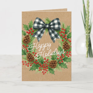 Rustic Holly Wreath White Black Checkered Bow Holiday Card