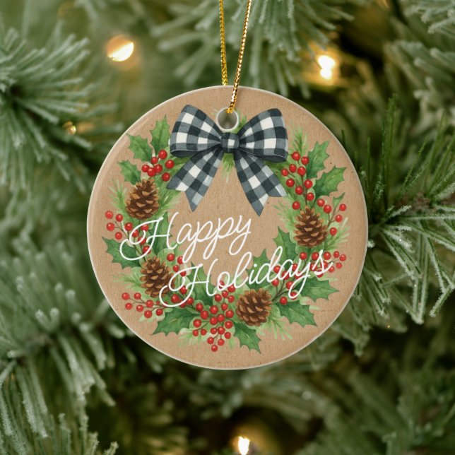 Rustic Holly Wreath White Black Chequered Bow Ceramic Tree Decoration (Tree)