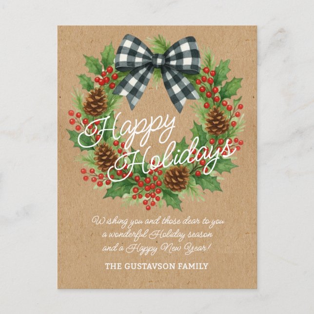 Rustic Holly Wreath White Black Chequered Bow Holiday Postcard (Front)