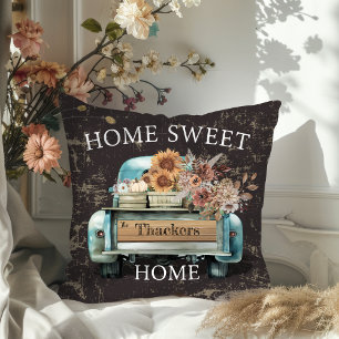 Rustic Home Sweet Home Vintage Truck Fall Flowers Cushion