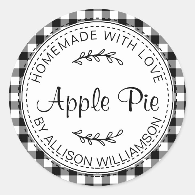 Rustic Homemade Apple Pie Black White Check Classic Round Sticker (Front)