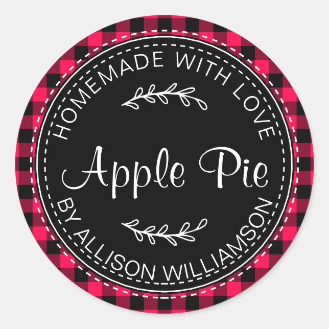 Rustic Homemade Apple Pie Bright Pink Black Plaid Classic Round Sticker (Front)