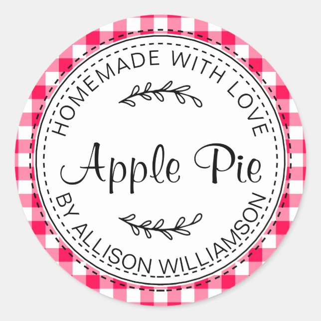 Rustic Homemade Apple Pie Bright Pink Check Classic Round Sticker (Front)
