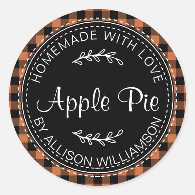 Rustic Homemade Apple Pie Burnt Orange Check Classic Round Sticker (Front)