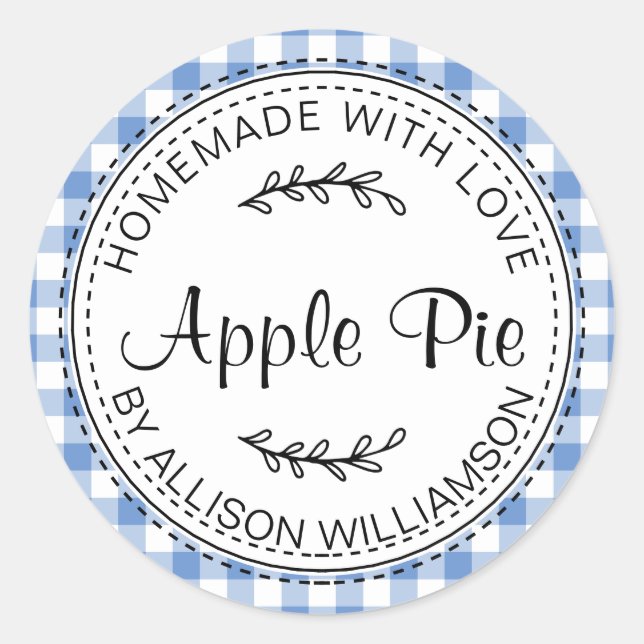 Rustic Homemade Apple Pie CornFlower Blue Check Classic Round Sticker (Front)