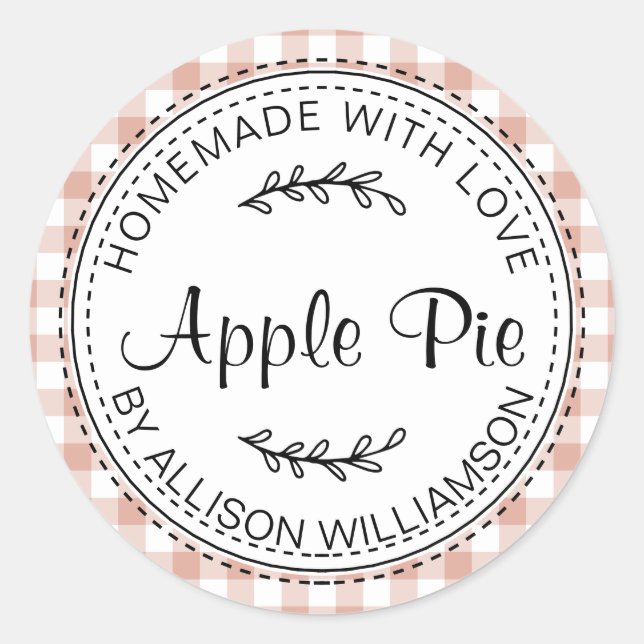Rustic Homemade Apple Pie Dusty Pink Check Classic Round Sticker (Front)