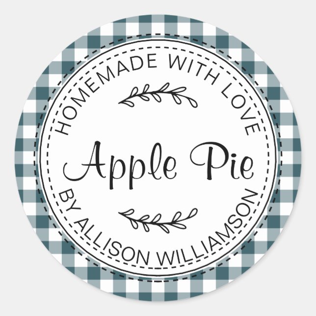 Rustic Homemade Apple Pie Emerald Green Check Classic Round Sticker (Front)