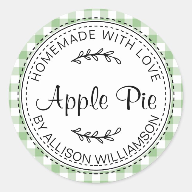 Rustic Homemade Apple Pie Green Check Pattern Classic Round Sticker (Front)