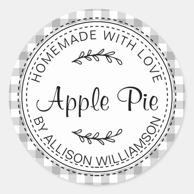 Rustic Homemade Apple Pie Grey Check Classic Round Sticker (Front)