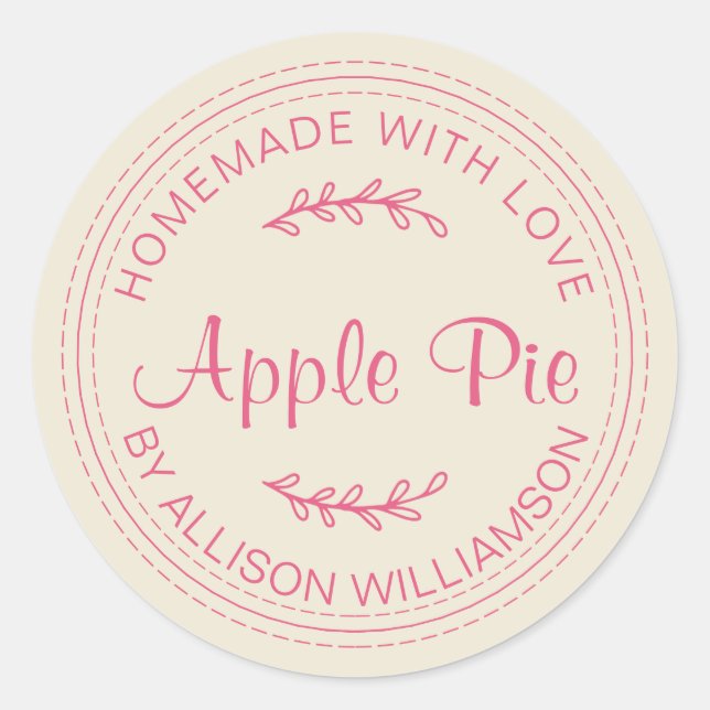 Rustic Homemade Apple Pie Mellow Hot Pink Script Classic Round Sticker (Front)
