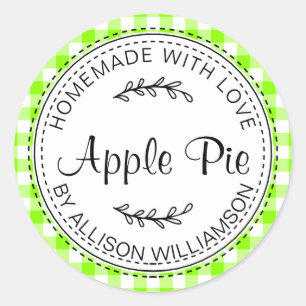 Rustic Homemade Apple Pie Neon Green Check Classic Round Sticker