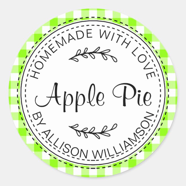 Rustic Homemade Apple Pie Neon Green Check Classic Round Sticker (Front)