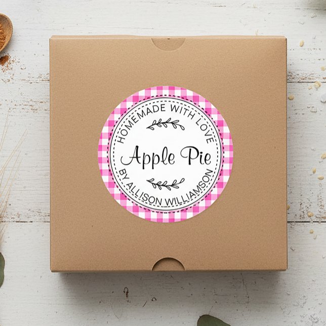 Rustic Homemade Apple Pie Neon Pink Check Classic Round Sticker (Creator Uploaded)