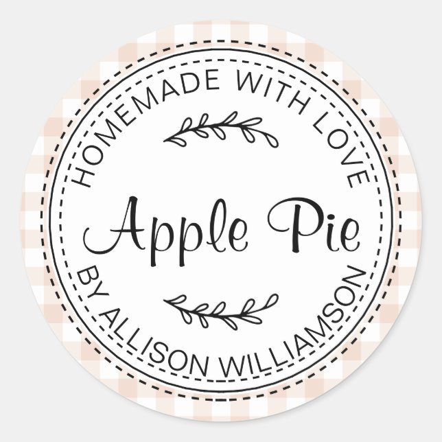 Rustic Homemade Apple Pie Peach Dust Check Classic Round Sticker (Front)