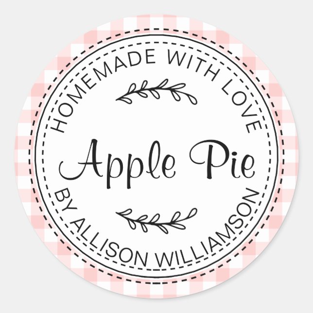Rustic Homemade Apple Pie Pink White Check Classic Round Sticker (Front)